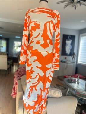 SHEIN Orange & White Abstract Long Sleeve Midi Dress